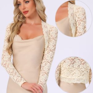 Floral Lace Long Sleeve Open Front Cropped Bolero Shrugs Apricot/M - Allegra K catalog