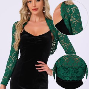 Floral Lace Long Sleeve Open Front Cropped Bolero Shrugs Green/S - Allegra K catalog
