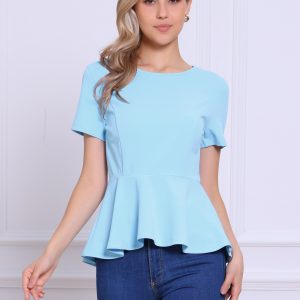 Short Sleeve Round Neck Solid Color Peplum Blouse Light Blue/XL - Allegra K catalog