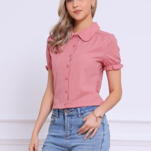Cotton Frilled Top Turndown Collar Solid Blouse Shirt Dark Pink/XS - Allegra K catalog