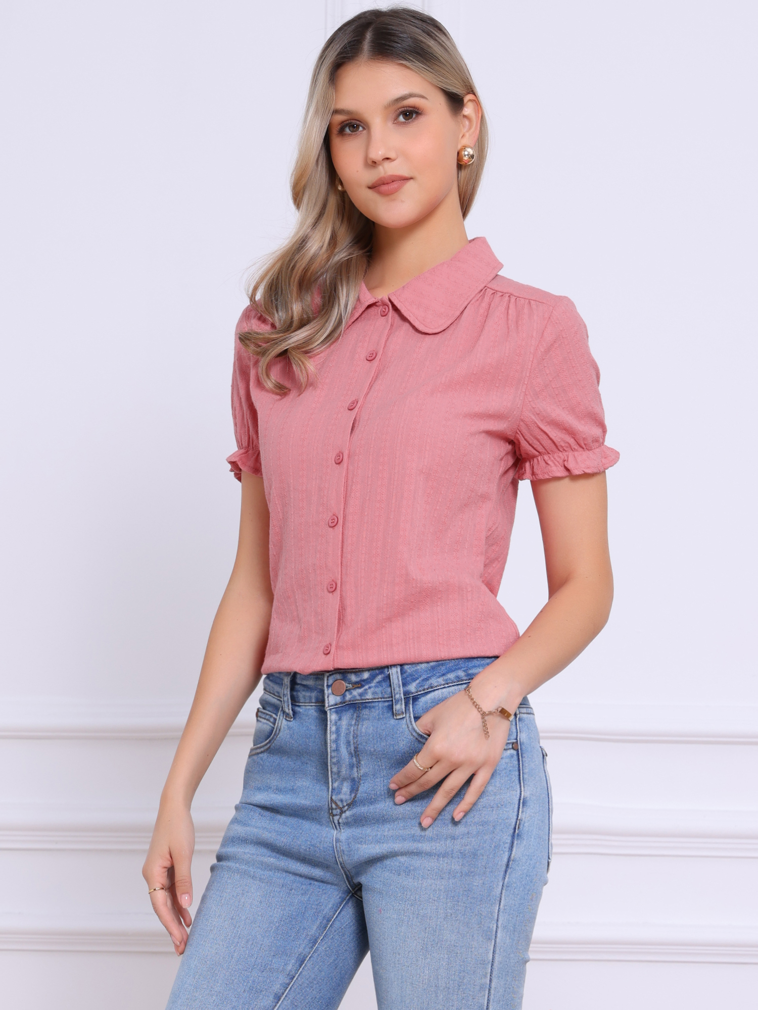 Cotton Frilled Top Turndown Collar Solid Blouse Shirt Dark Pink/S - Allegra K catalog