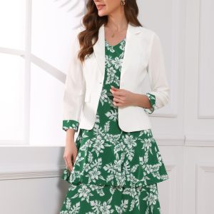 Work flower Print Contrast Panel 2pc Sets Chiffon V Neck Jacket Dress White Green/XL - Allegra K catalog
