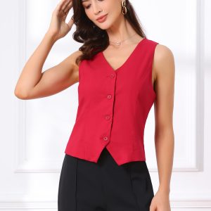 Sleeveless Solid Button Down V Neck Waistcoat Vest Deep Red/M - Allegra K catalog