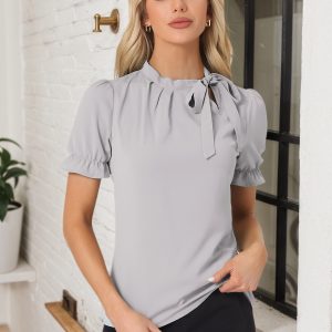 Bow Tie Neck Elegant Office Short Sleeve Blouse Gray/2XL - Allegra K catalog