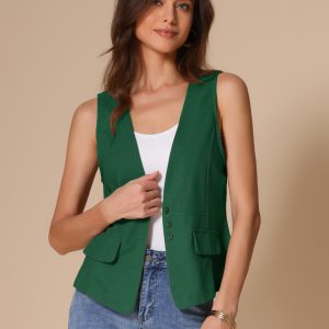 Sleeveless Lightweight Waistcoat Linen Vest Green/S - Allegra K catalog