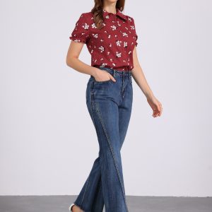 Floral Printed Peter Pan Collar Cotton Short Sleeve Shirt Dark Red Floral/XL - Allegra K catalog