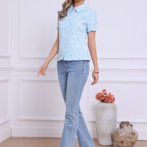 Floral Printed Peter Pan Collar Cotton Short Sleeve Shirt Gray Blue Floral/XS - Allegra K catalog