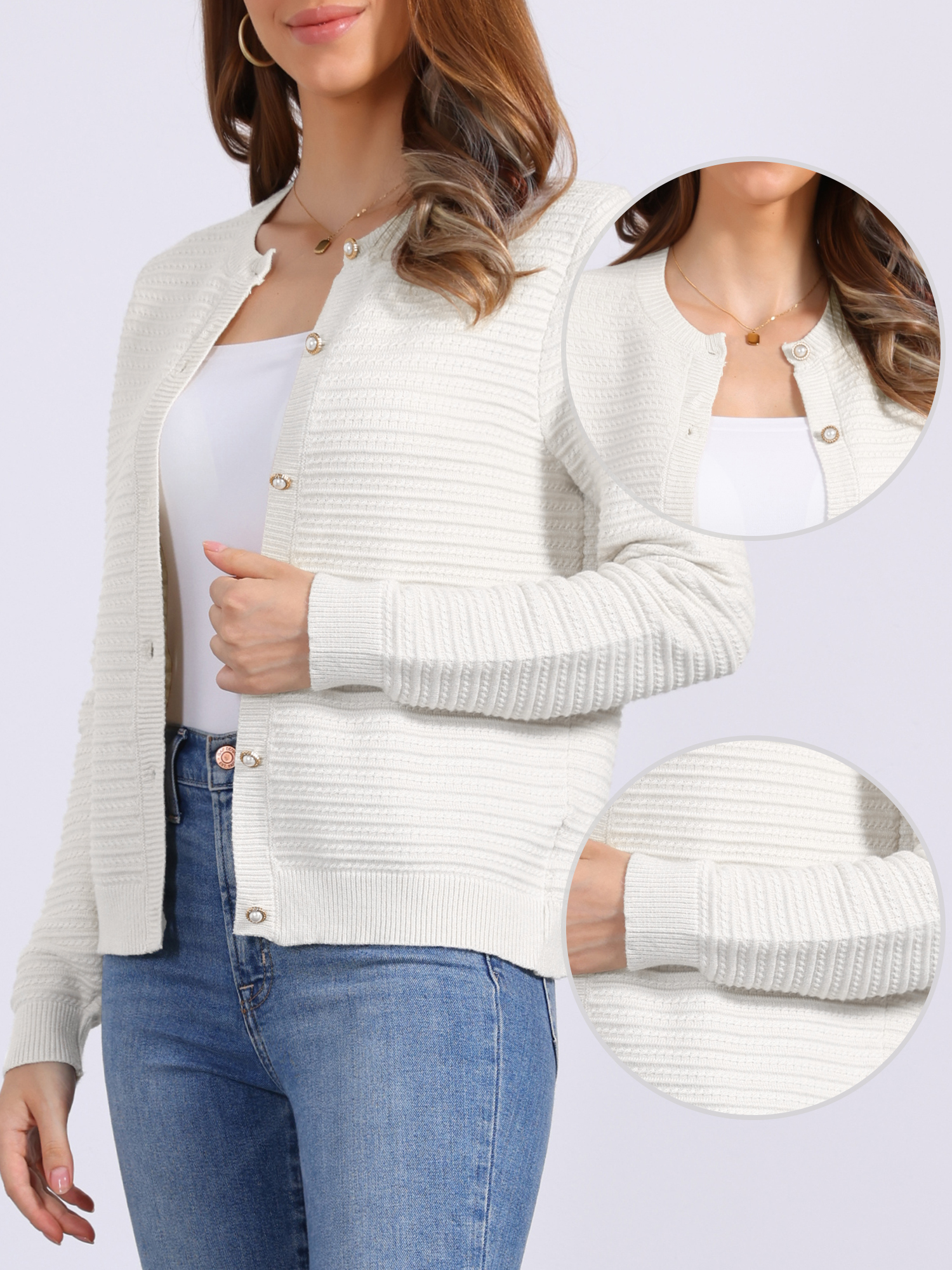 Crew Neck Button Down Long Sleeves Knitted Cardigan Apricot/XL - Allegra K catalog