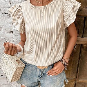 Round Neck Casual Ruffled Sleeve Striped Blouse Beige/L - Allegra K catalog