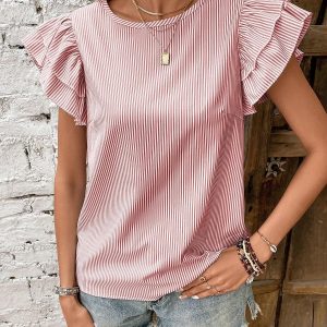 Round Neck Casual Ruffled Sleeve Striped Blouse Red/S - Allegra K catalog