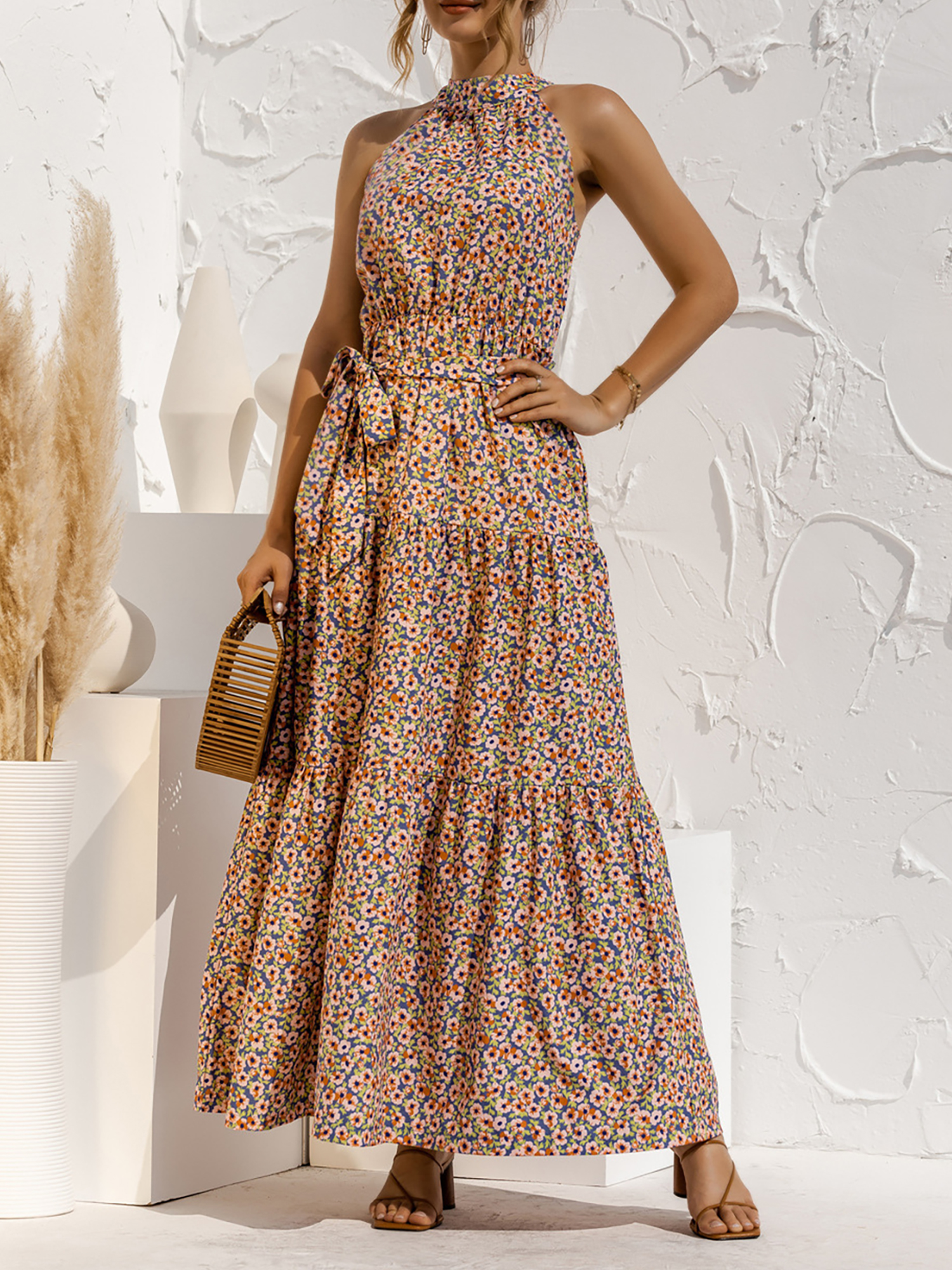 Floral Halter Sleeveless Tiered Maxi Dress Blue/M - Allegra K catalog