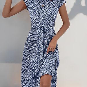 Graphic Print Cap Sleeves Pleated Midi Dress Navy Blue/L - Allegra K catalog
