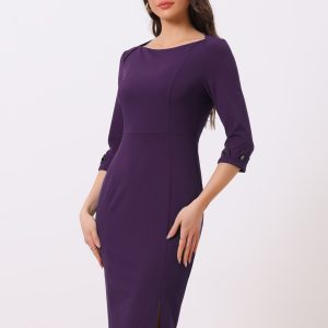 Elegant Boat Neck 3/4 Sleeves Work Midi Split Sheath Dress Purple/2XL - Allegra K catalog