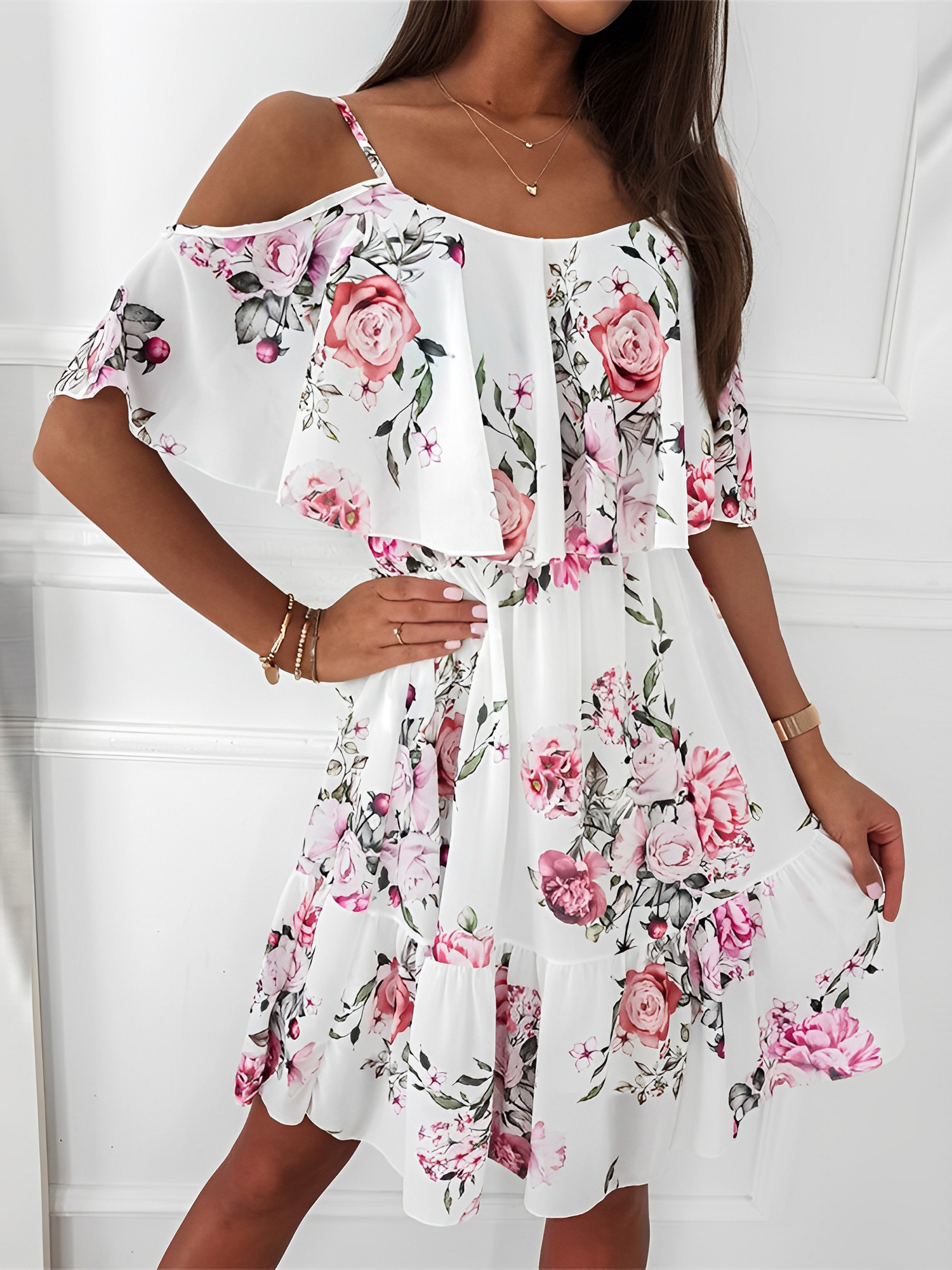 Romantic Floral Cold Shoulder Dress - Ruffle Trim Chiffon Mini White/XS - Allegra K catalog