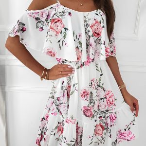Romantic Floral Cold Shoulder Dress - Ruffle Trim Chiffon Mini White/M - Allegra K catalog