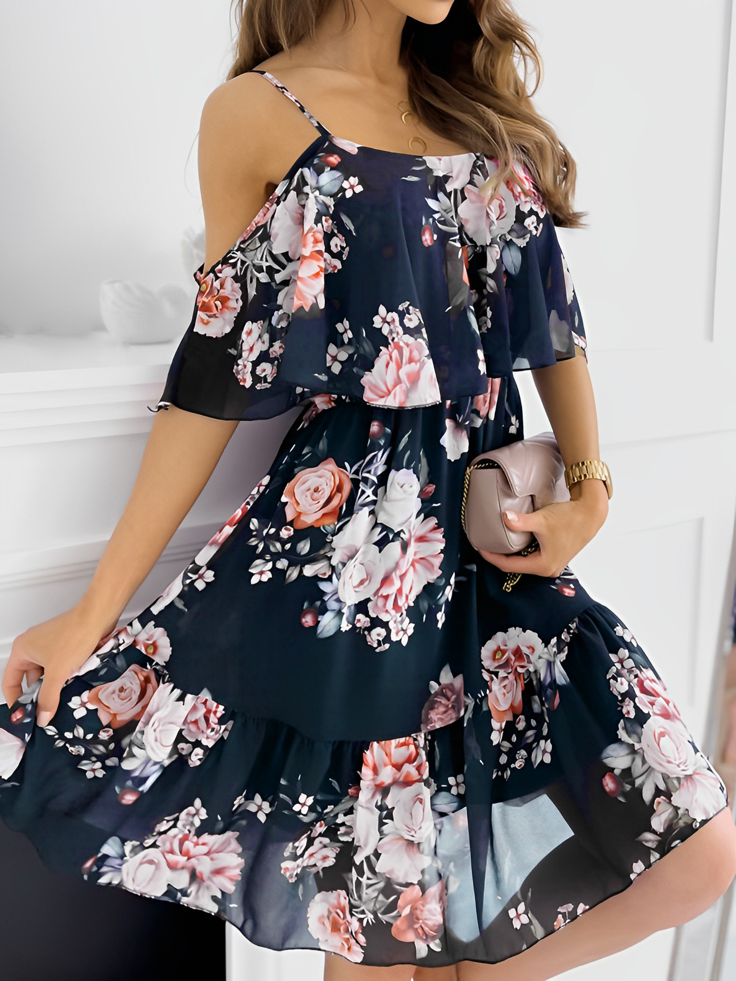 Romantic Floral Cold Shoulder Dress - Ruffle Trim Chiffon Mini Black/M - Allegra K catalog