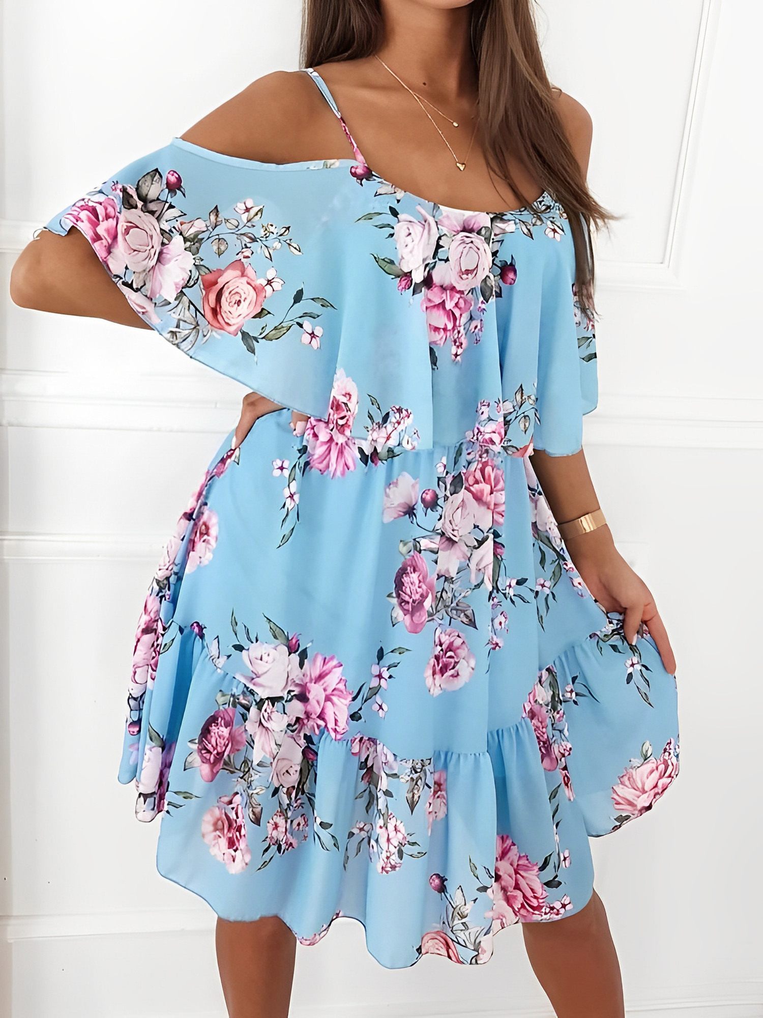Romantic Floral Cold Shoulder Dress - Ruffle Trim Chiffon Mini Light Blue/XS - Allegra K catalog