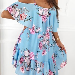 Romantic Floral Cold Shoulder Dress - Ruffle Trim Chiffon Mini Light Blue/M - Allegra K catalog