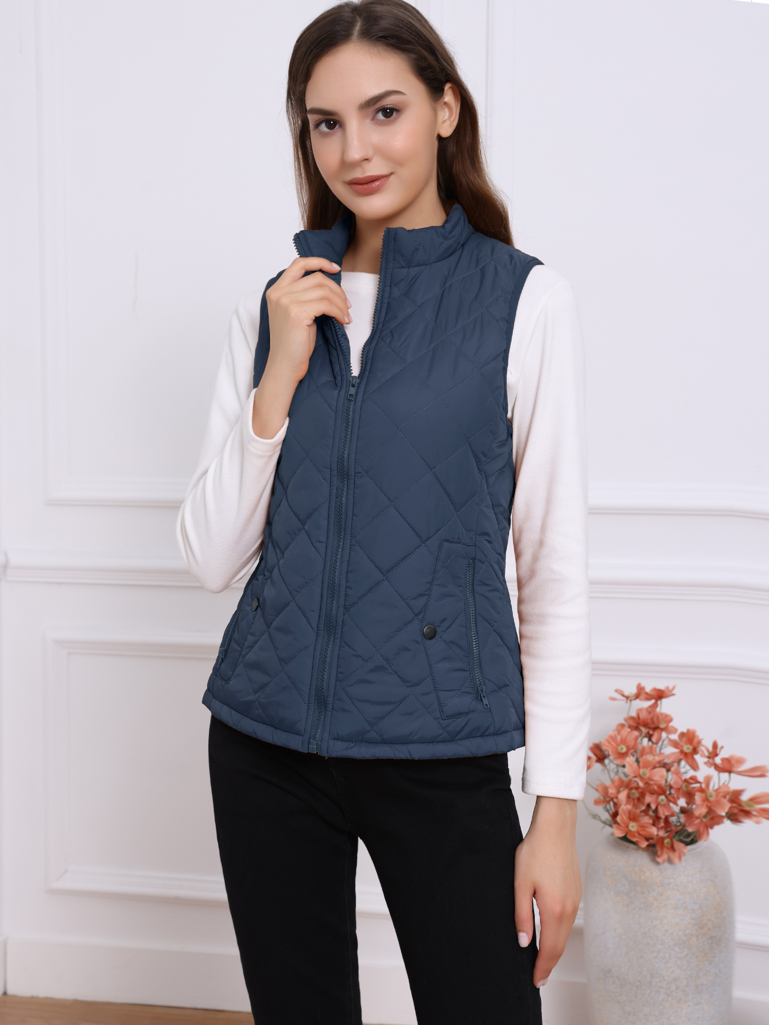 Stand Collar Lightweight Gilet Quilted Zipper Vest Dark Blue/3XL - Allegra K catalog