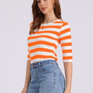 Striped 3/4 Sleeve Round Neck Casual T-Shirt Orange White/M - Allegra K catalog