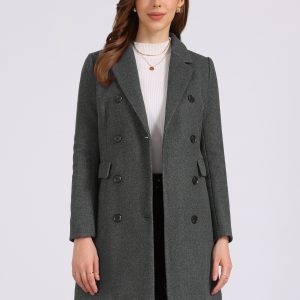 Winter Long Sleeve Notched Lapel Double Breasted Trench Coat Dark Grey/XS - Allegra K catalog