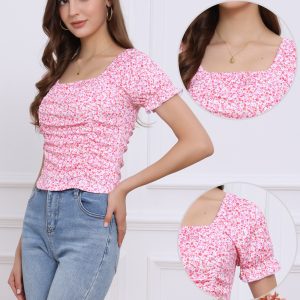 Smocked Crop Top Slim Fit Peasant Floral Blouse Pink/S - Allegra K catalog