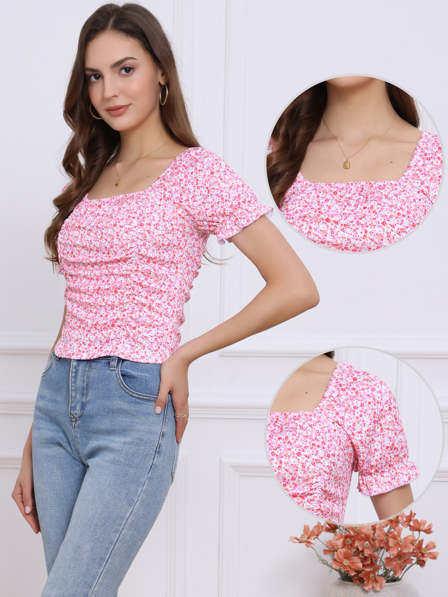 Smocked Crop Top Slim Fit Peasant Floral Blouse Pink/S - Allegra K catalog