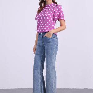 Polka Dots Stand Collar Pleat Keyhole Short Flare Sleeve Blouse Purple/XL - Allegra K catalog