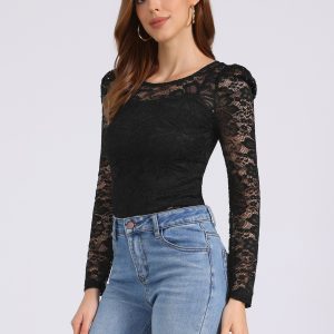 Retro Semi Sheer Puff Long Sleeve Embroidery Lace Blouse Black Floral/S - Allegra K catalog