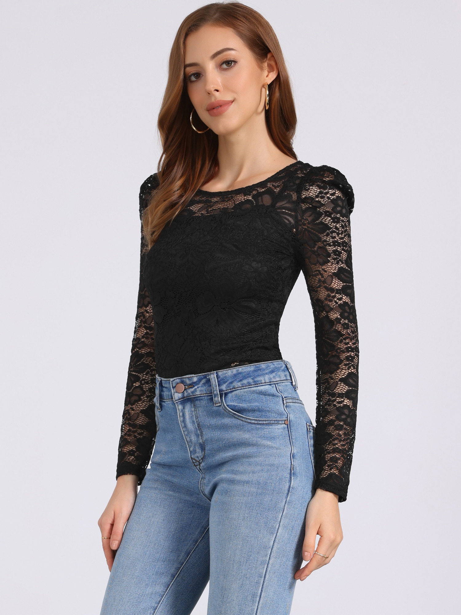 Retro Semi Sheer Puff Long Sleeve Embroidery Lace Blouse Black Floral/L - Allegra K catalog
