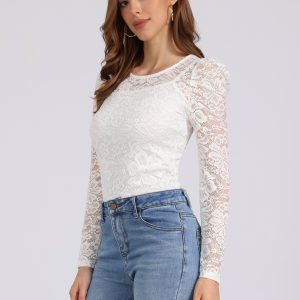 Retro Semi Sheer Puff Long Sleeve Embroidery Lace Blouse Pure White/XL - Allegra K catalog