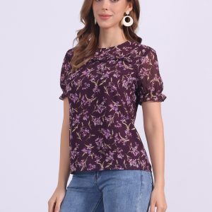 Chiffon Short Sleeve Ruffled Trim Floral Blouse Top Dark Purple/M - Allegra K catalog