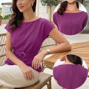 Cap Sleeve Boat Neck Office Work Belted Tops Dark Purple/XS - Allegra K catalog