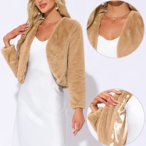 Faux Fur Long Sleeve Open Front Bolero Winter Coat Cropped Jacket Camel/M - Allegra K catalog