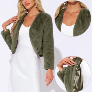 Long Sleeve Open Front Bolero Winter Cropped Faux Fur Jacket Army Green/L - Allegra K catalog