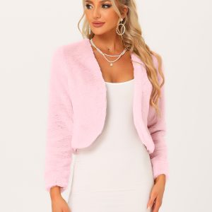 Faux Fur Long Sleeve Open Front Bolero Winter Coat Cropped Jacket Pure Pink/S - Allegra K catalog