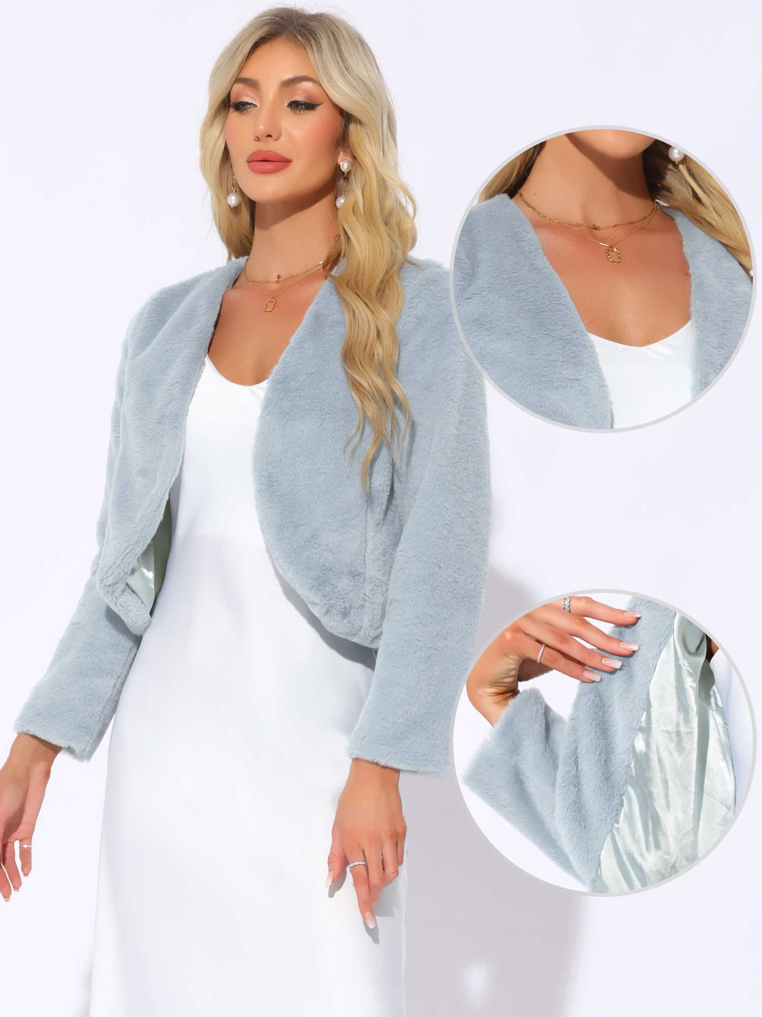 Faux Fur Long Sleeve Open Front Bolero Winter Coat Cropped Jacket Blue Grey/XS - Allegra K catalog