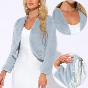 Faux Fur Long Sleeve Open Front Bolero Winter Coat Cropped Jacket Blue Grey/XL - Allegra K catalog