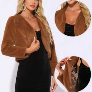 Faux Fur Long Sleeve Open Front Bolero Winter Coat Cropped Jacket Dark Brown/XL - Allegra K catalog