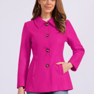 Work Office Winter Overcoat Single Breasted Point Collar Pea Coat Hot Pink/XS - Allegra K catalog