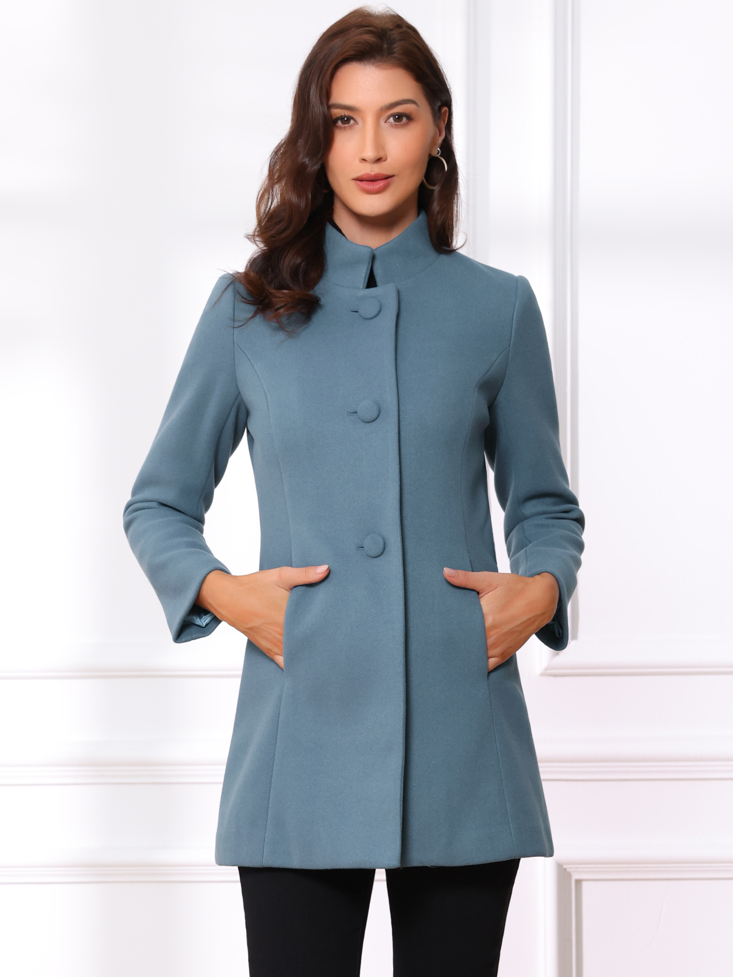 Stand Collar Single Breasted Solid Color Pea Coat Grey Blue/M - Allegra K catalog