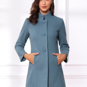 Stand Collar Single Breasted Solid Color Pea Coat Grey Blue/L - Allegra K catalog