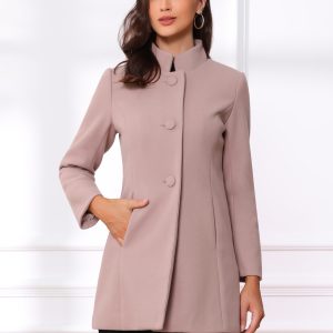 Mid-thigh Stand Collar Single Breasted Long Coat Grey Pink/S - Allegra K catalog