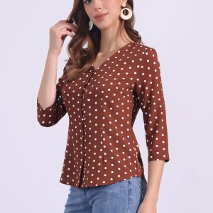 Polka Dots 3/4 Sleeve Button Front Vintage Office Blouse Top Brown/S - Allegra K catalog
