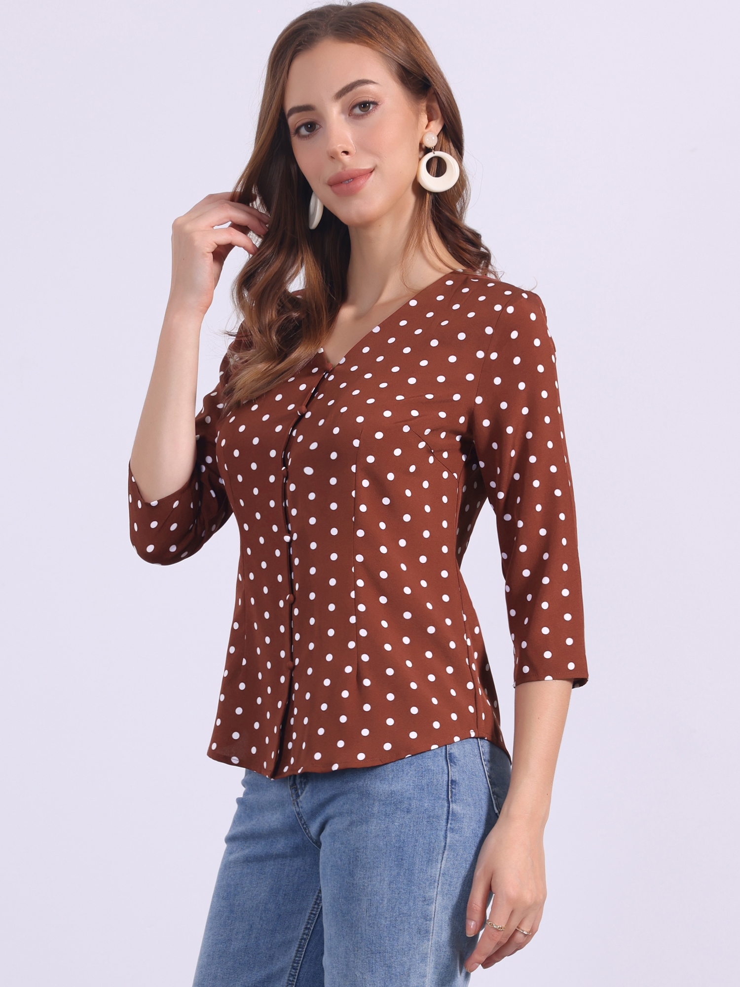 Polka Dots 3/4 Sleeve Button Front Vintage Office Blouse Top Brown/M - Allegra K catalog