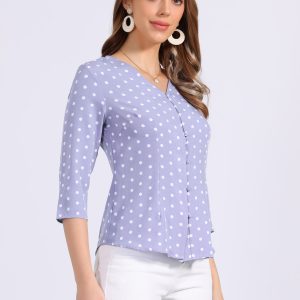 Polka Dots 3/4 Sleeve Button Front Vintage Office Blouse Top Dusty Purple/XS - Allegra K catalog