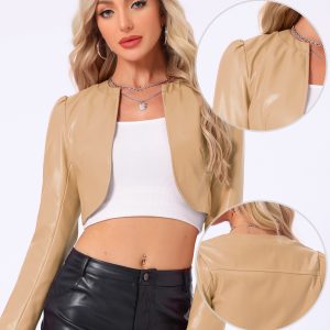 PU Bolero Open Front Leather Cropped Long Sleeve Cardigan Khaki/XS - Allegra K catalog
