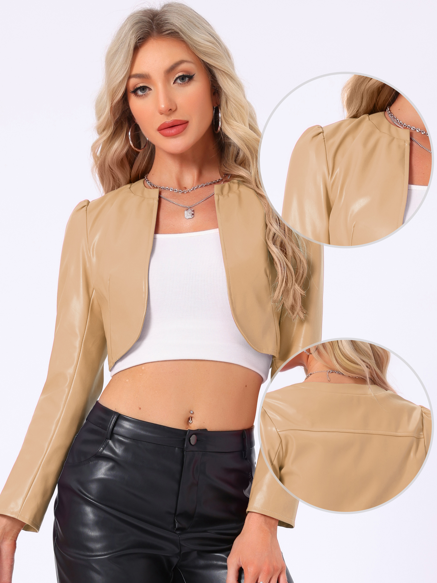 PU Bolero Open Front Leather Cropped Long Sleeve Cardigan Khaki/XS - Allegra K catalog