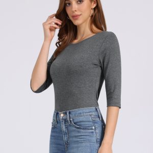 Casual Boat Neck 3/4 Sleeve Solid Basic T-shirt Dark Gray#2/XS - Allegra K catalog