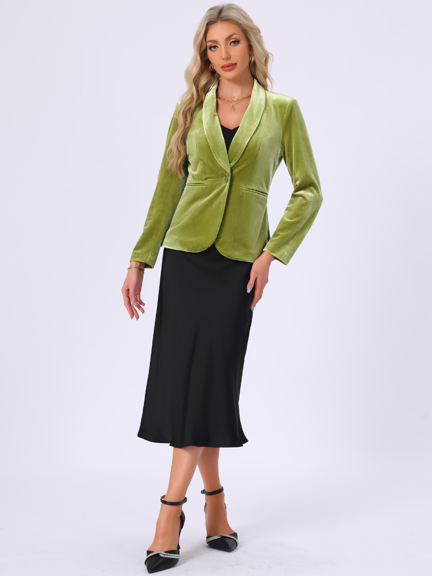 Solid Shawl Collar Single Button Velvet Blazer Green Yellow/M - Allegra K catalog